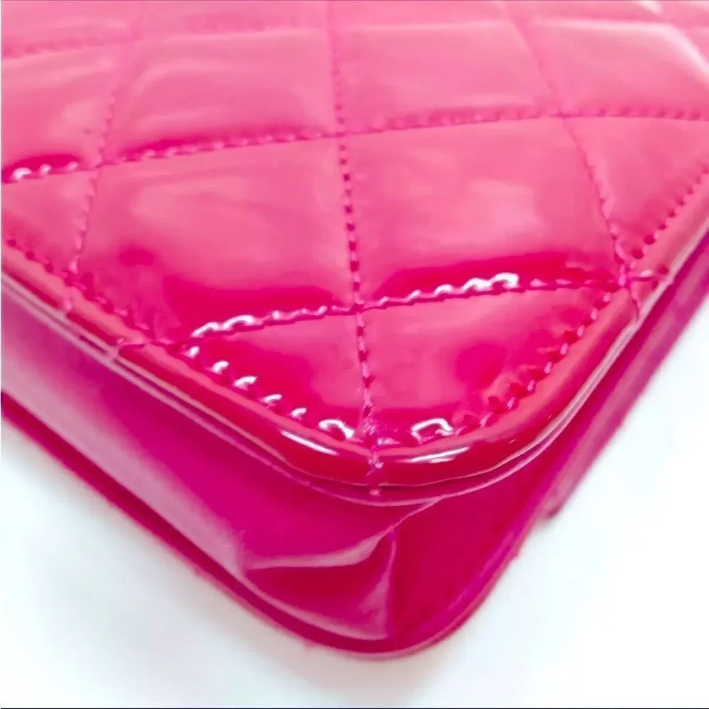 Auth Chanel Brilliant Pink Quilted Patent Leather Wallet on Chain (WOC) Clutch